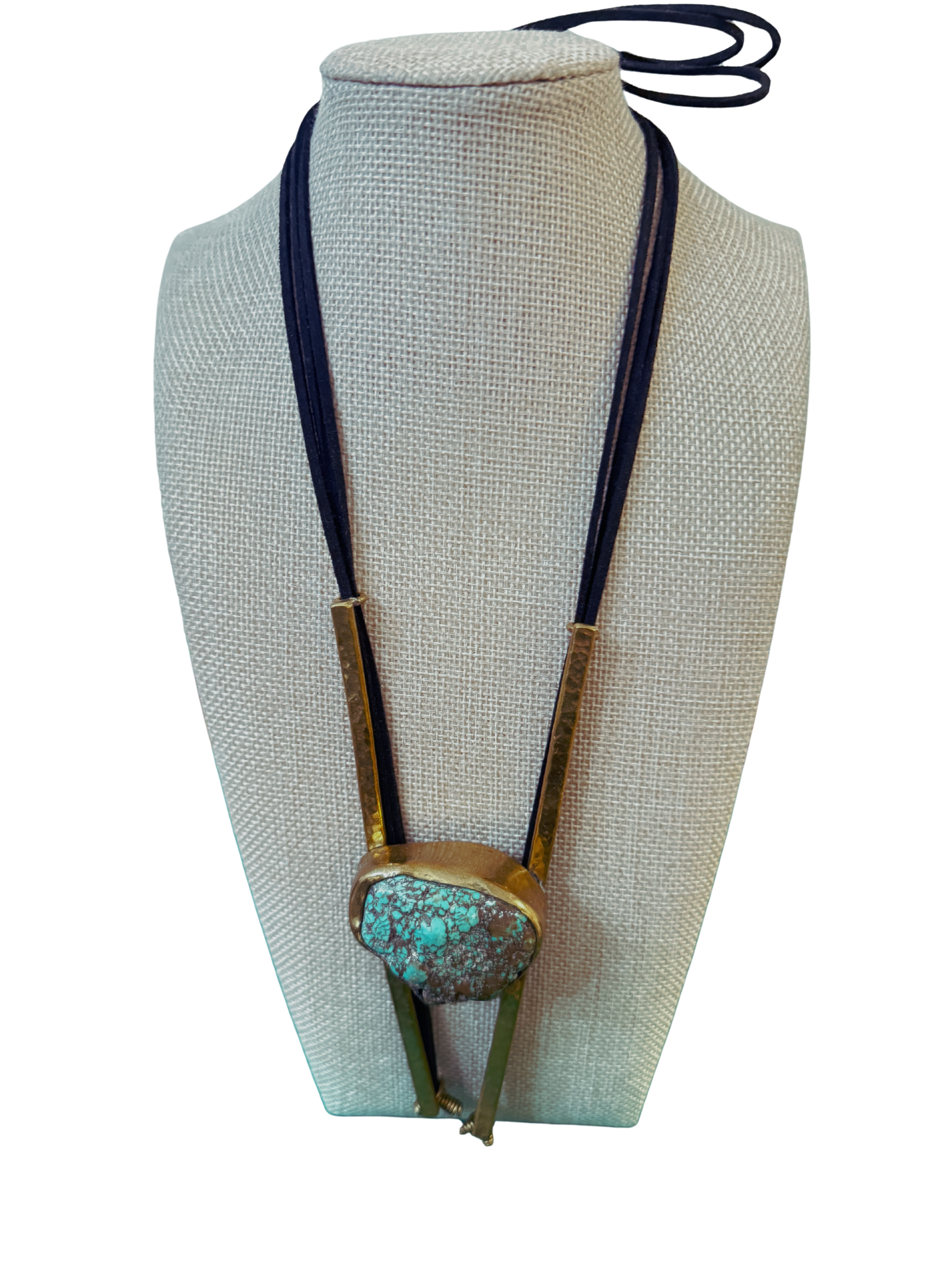 Turquoise Brass Artisan Bolo Tie Necklace Southwestern