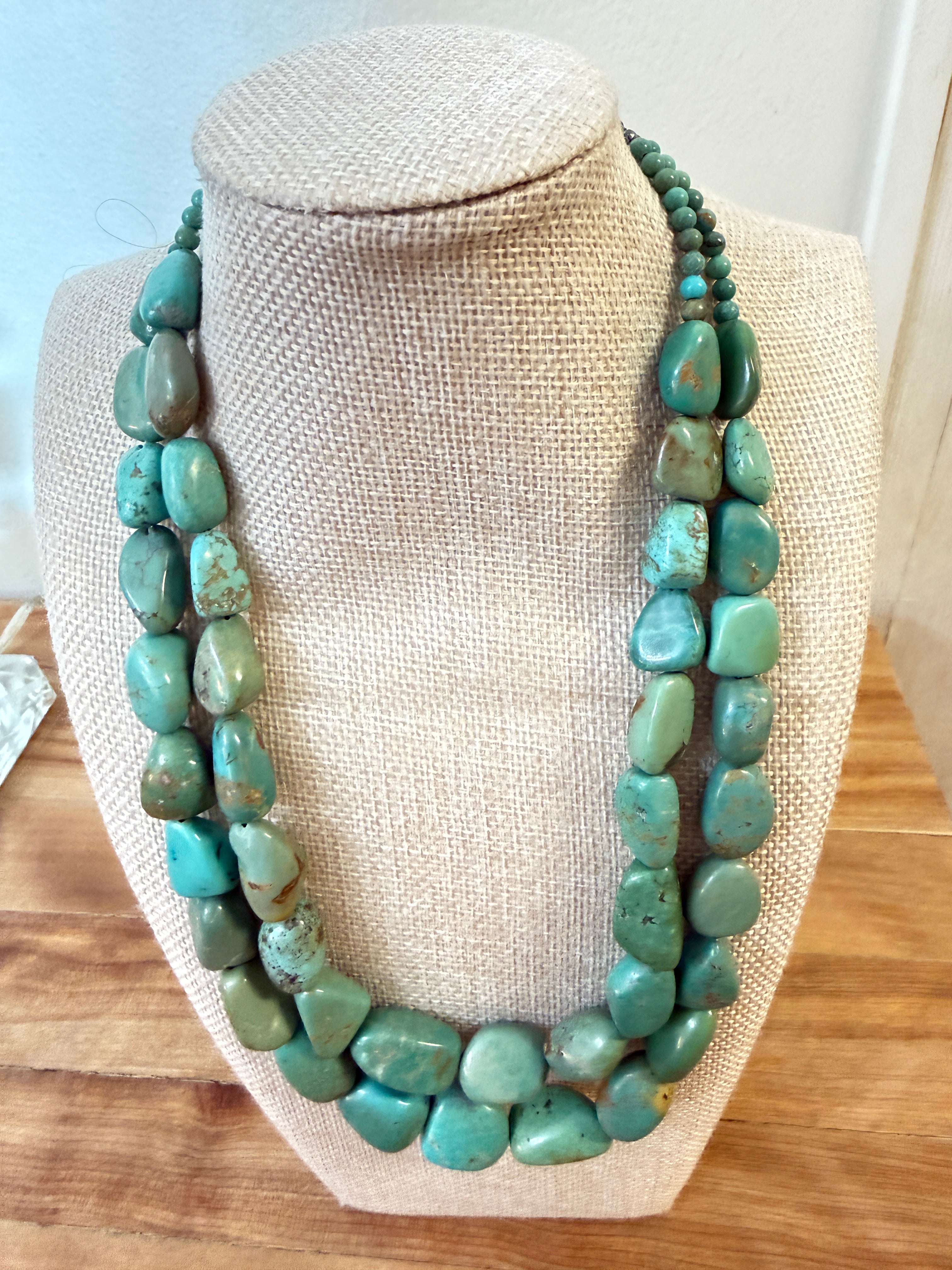 Turquoise Artisan Necklace Two Strander with a 925 Silver Clasp