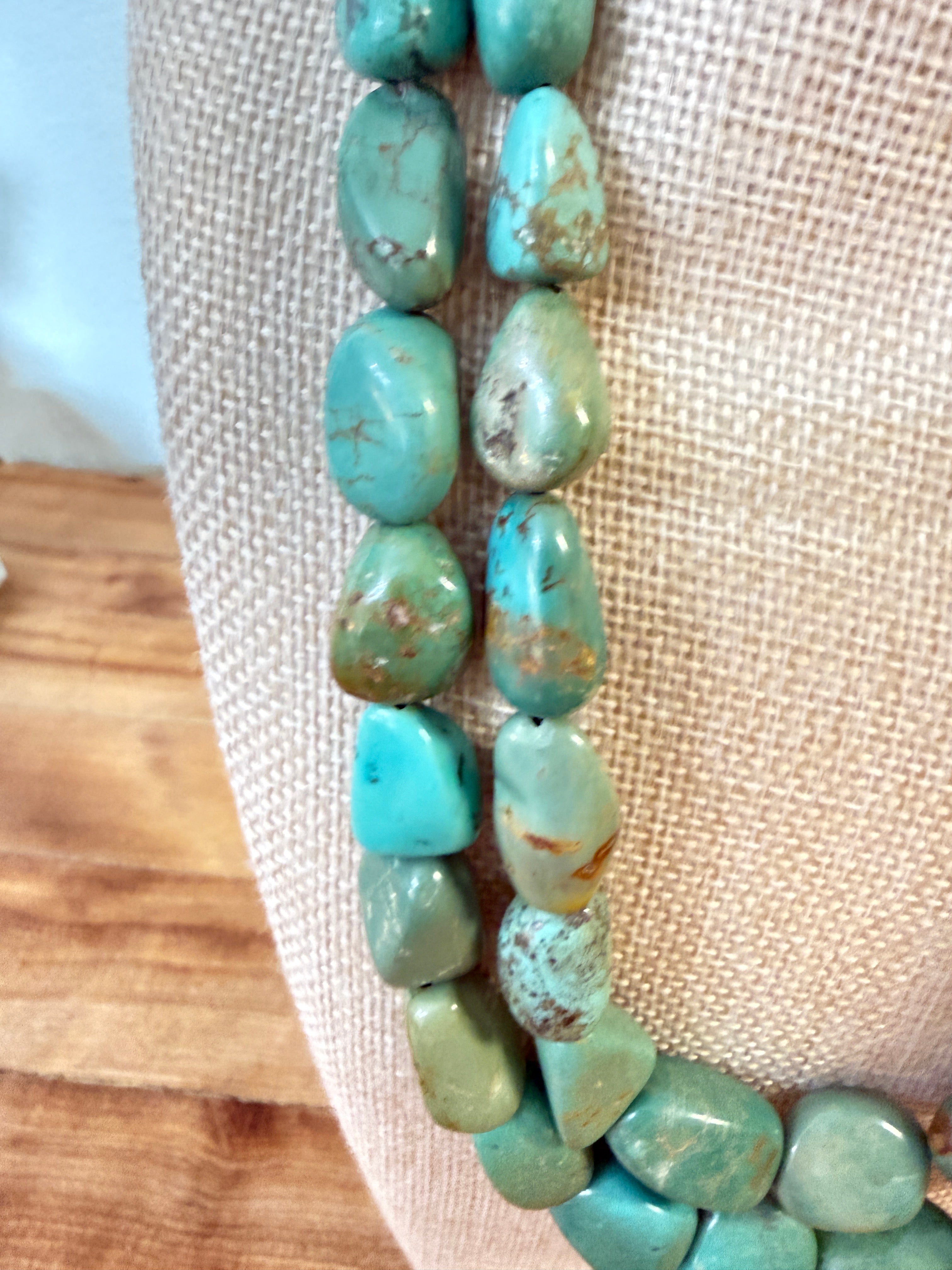 Turquoise Artisan Necklace Two Strander with a 925 Silver Clasp
