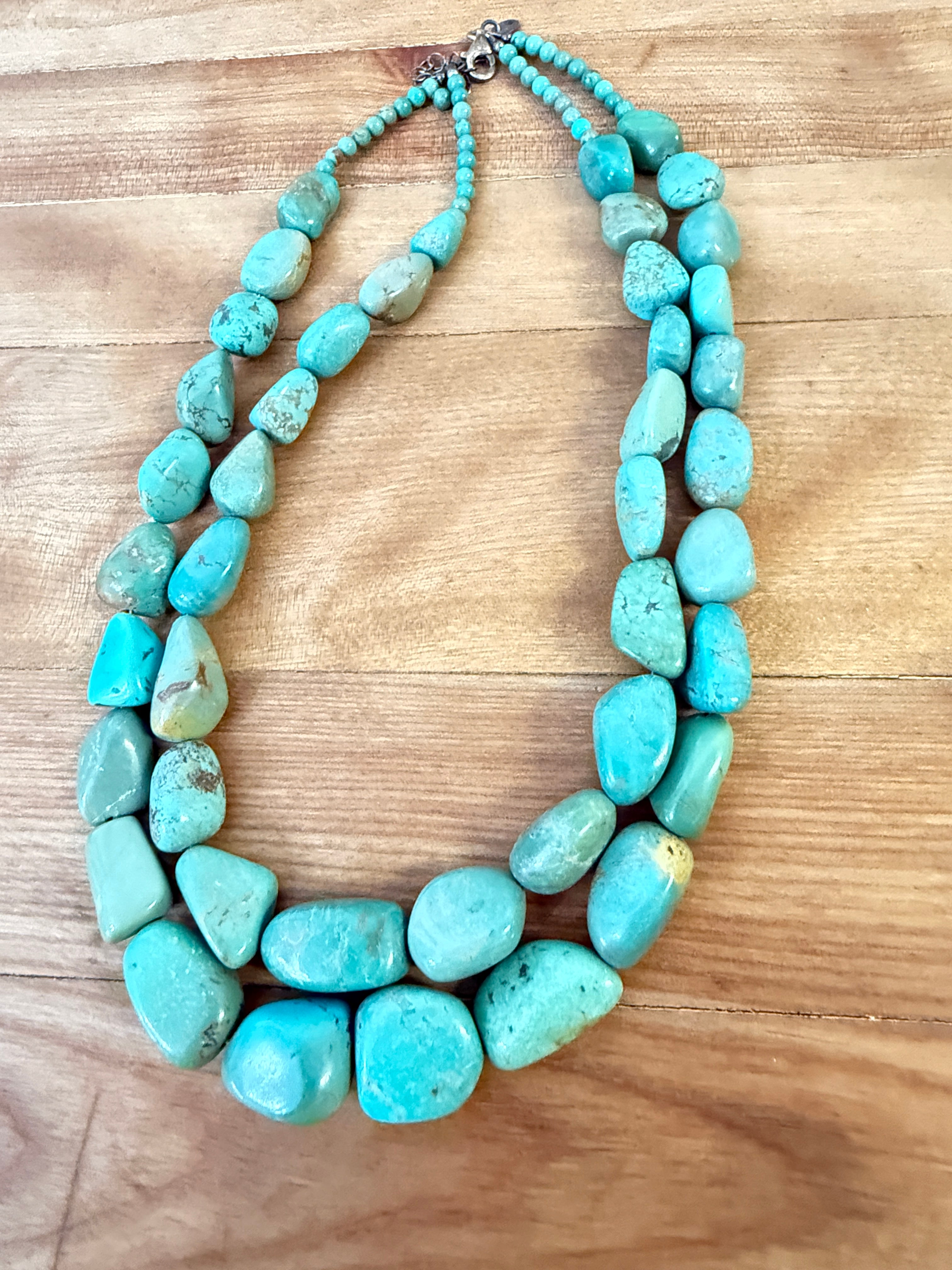 Turquoise Artisan Necklace Two Strander with a 925 Silver Clasp