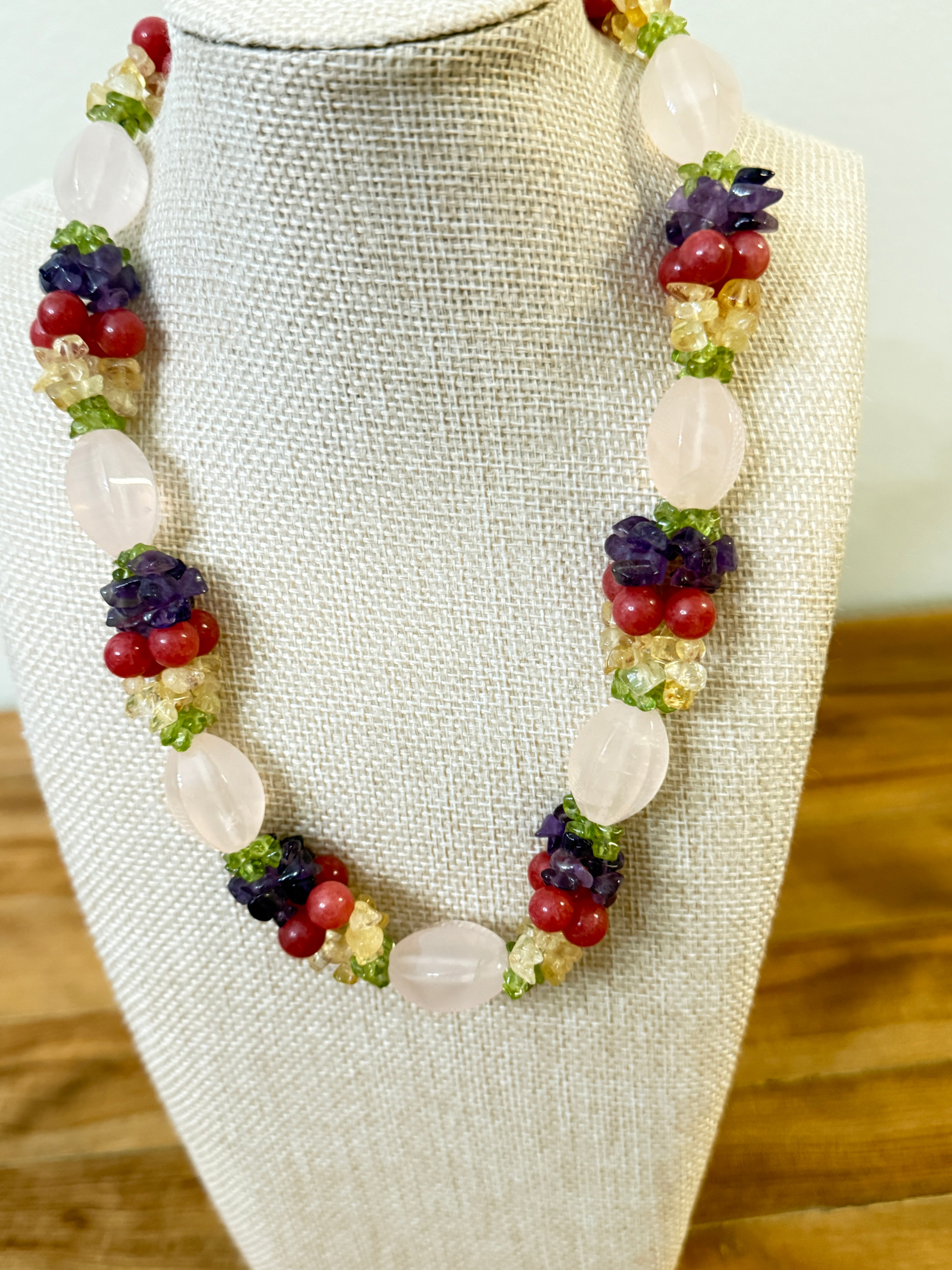 Fruit Salad Choker Necklace Rose & Crackle Quartz, Amethyst, Peridot, Citrine