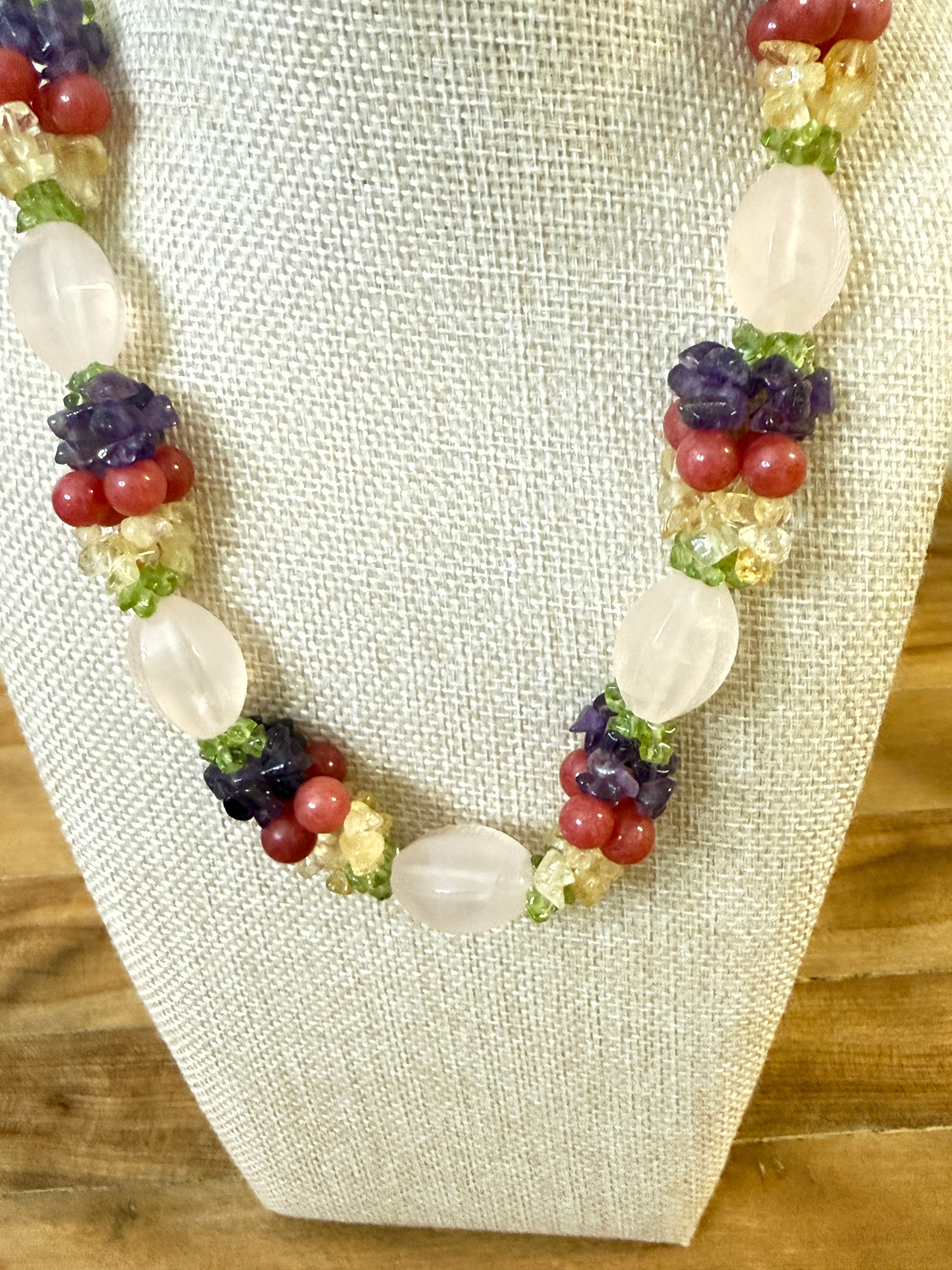 Fruit Salad Choker Necklace Rose & Crackle Quartz, Amethyst, Peridot, Citrine