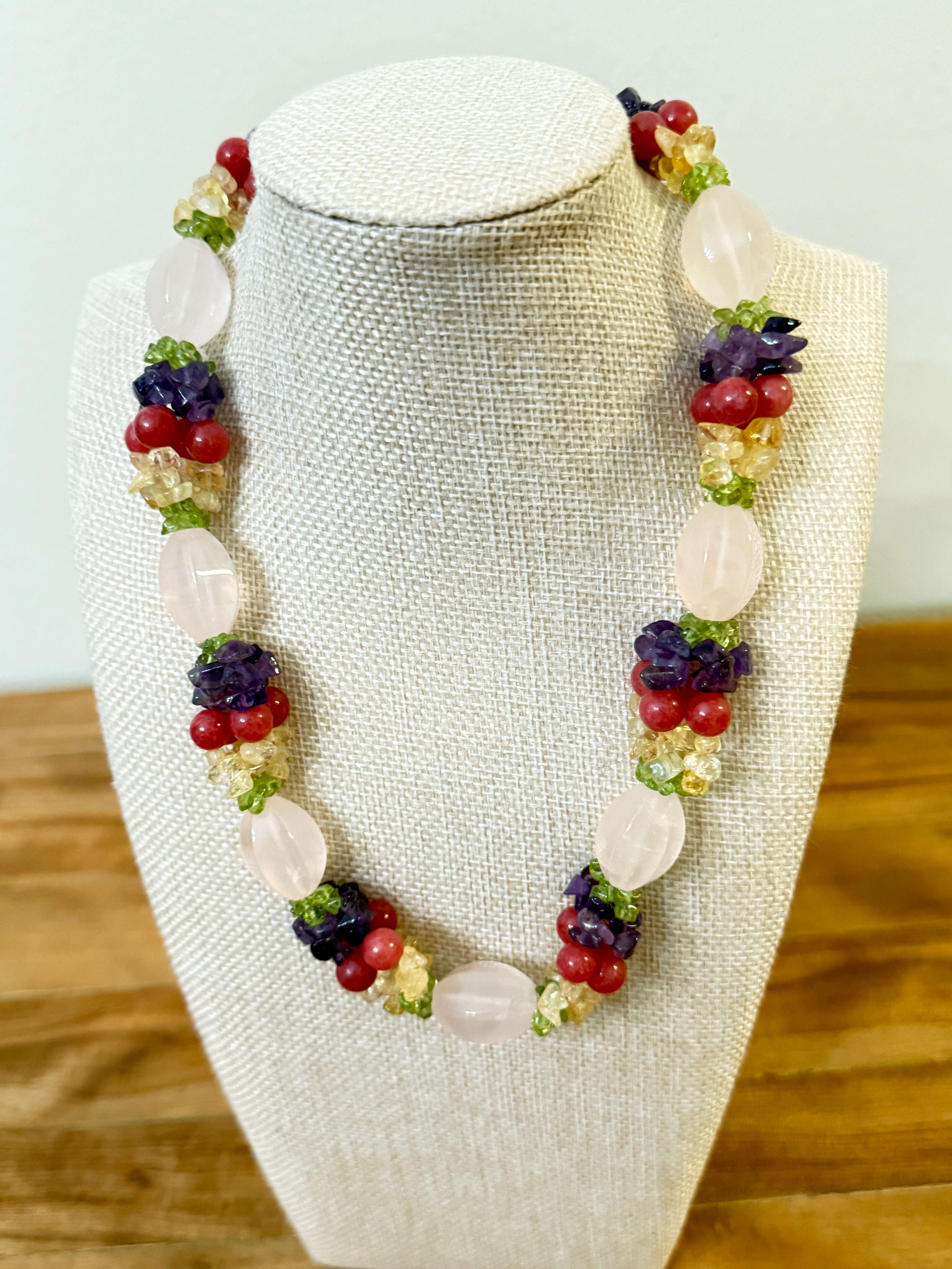 Fruit Salad Choker Necklace Rose & Crackle Quartz, Amethyst, Peridot, Citrine