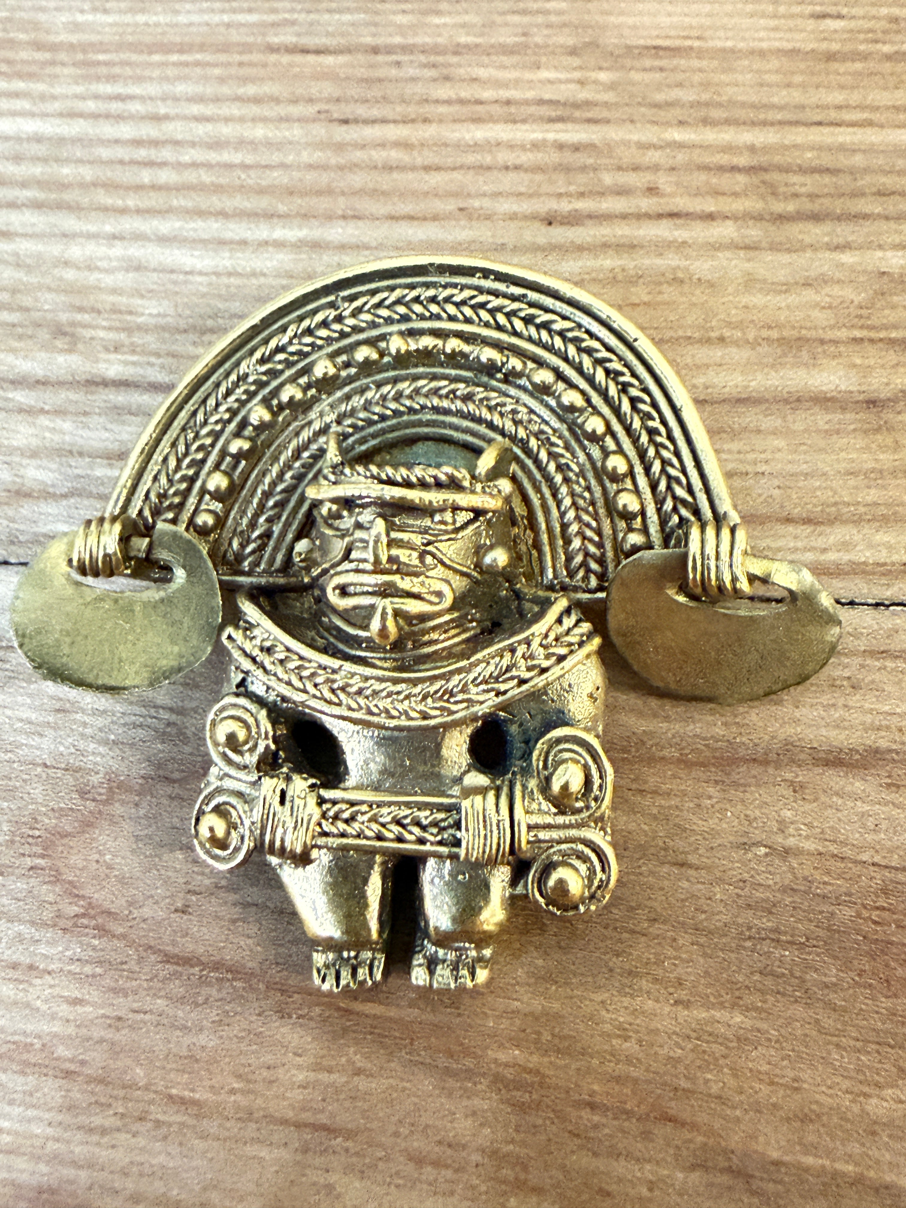 Pre-Columbian Tumbaga Cacique Chieftain With Flamboyant Headgear Scepter Pendant