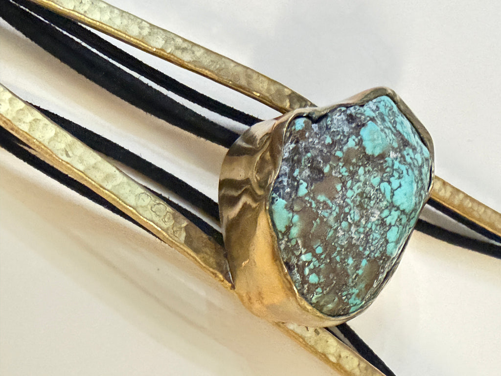 Turquoise Brass Artisan Bolo Tie Necklace Southwestern