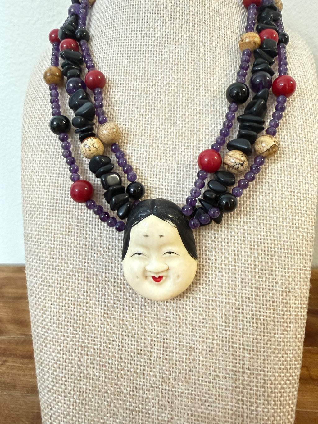 Beaded Artisan Necklace Featuring Okame Moh Mask Pendant Amethyst Onyx Sterling Netsuke
