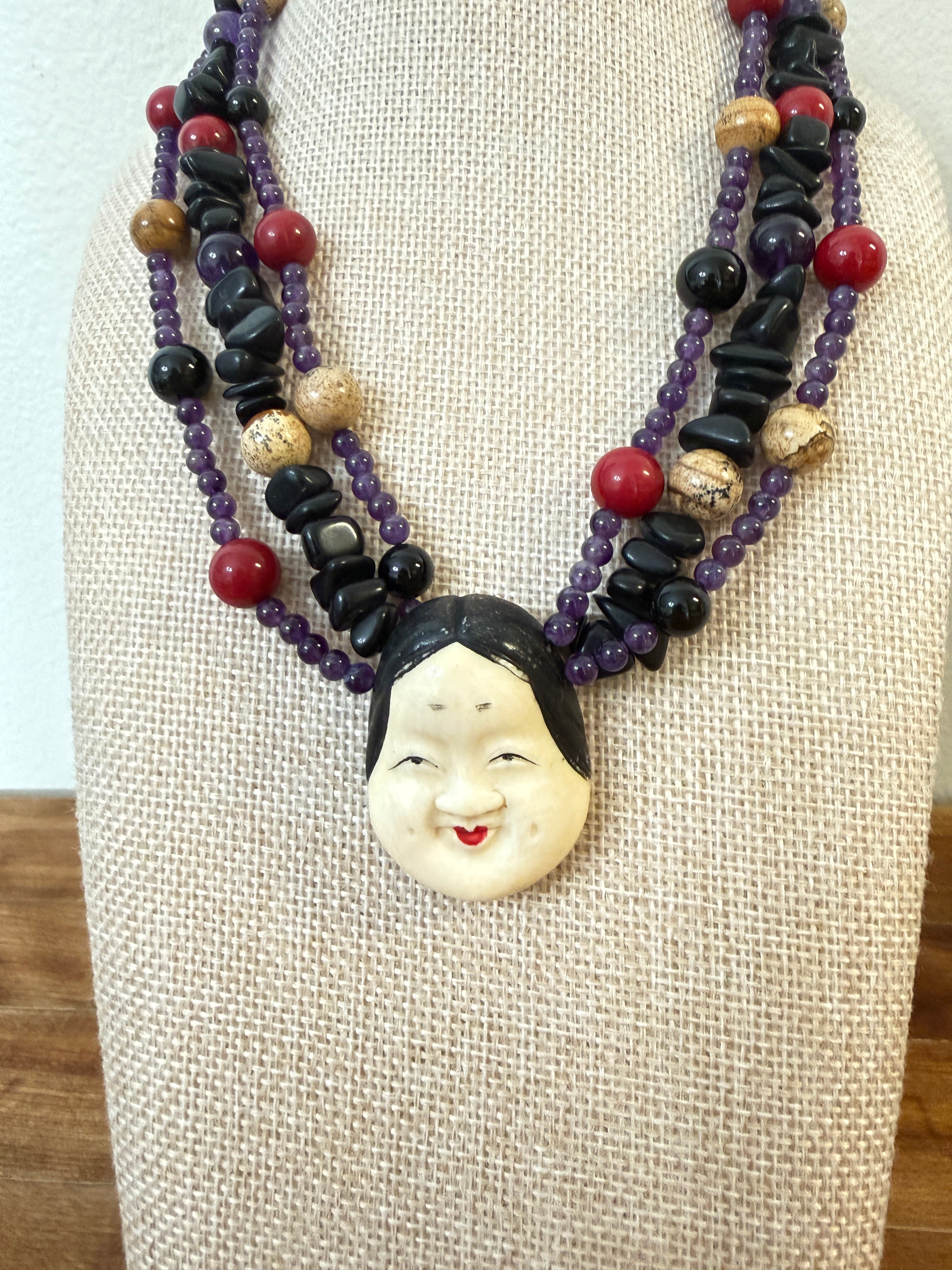 Beaded Artisan Necklace Featuring Okame Moh Mask Pendant Amethyst Onyx Sterling Netsuke