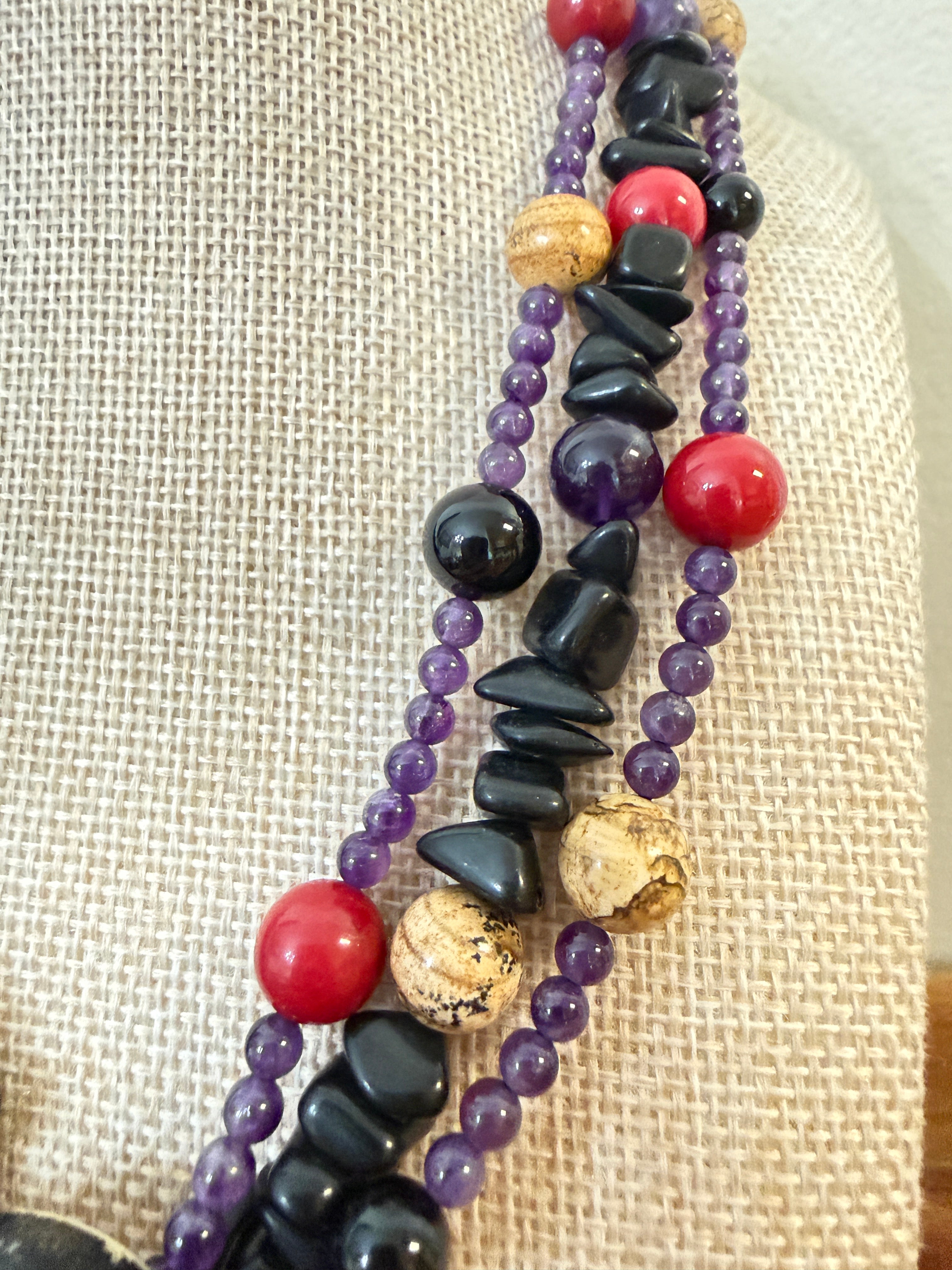 Beaded Artisan Necklace Featuring Okame Moh Mask Pendant Amethyst Onyx Sterling Netsuke
