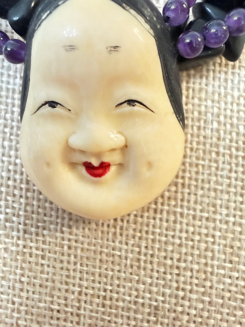 Beaded Artisan Necklace Featuring Okame Moh Mask Pendant Amethyst Onyx Sterling Netsuke
