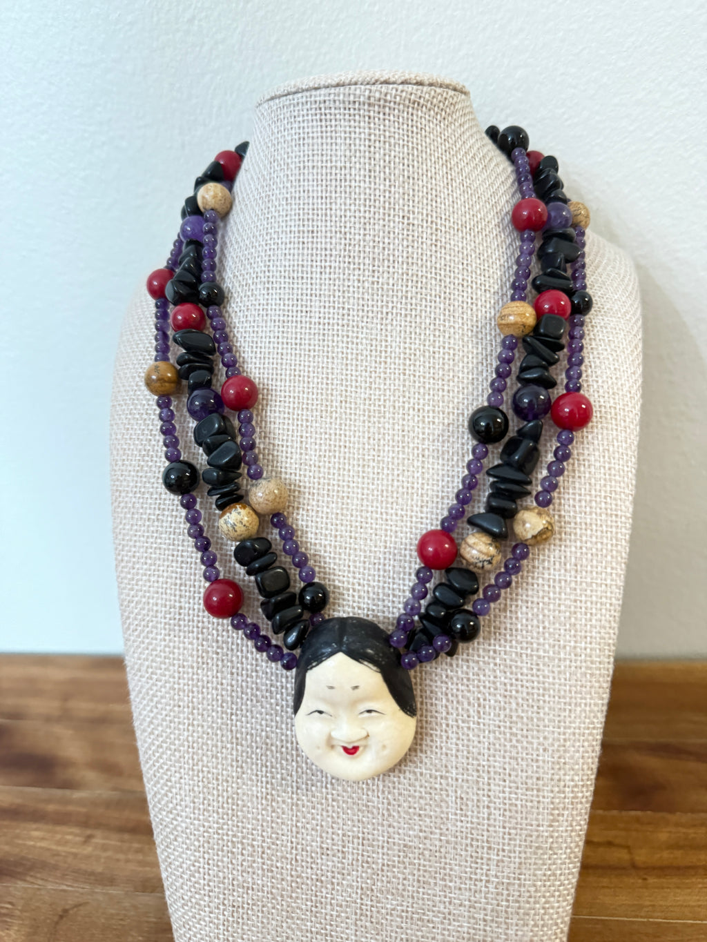 Beaded Artisan Necklace Featuring Okame Moh Mask Pendant Amethyst Onyx Sterling Netsuke