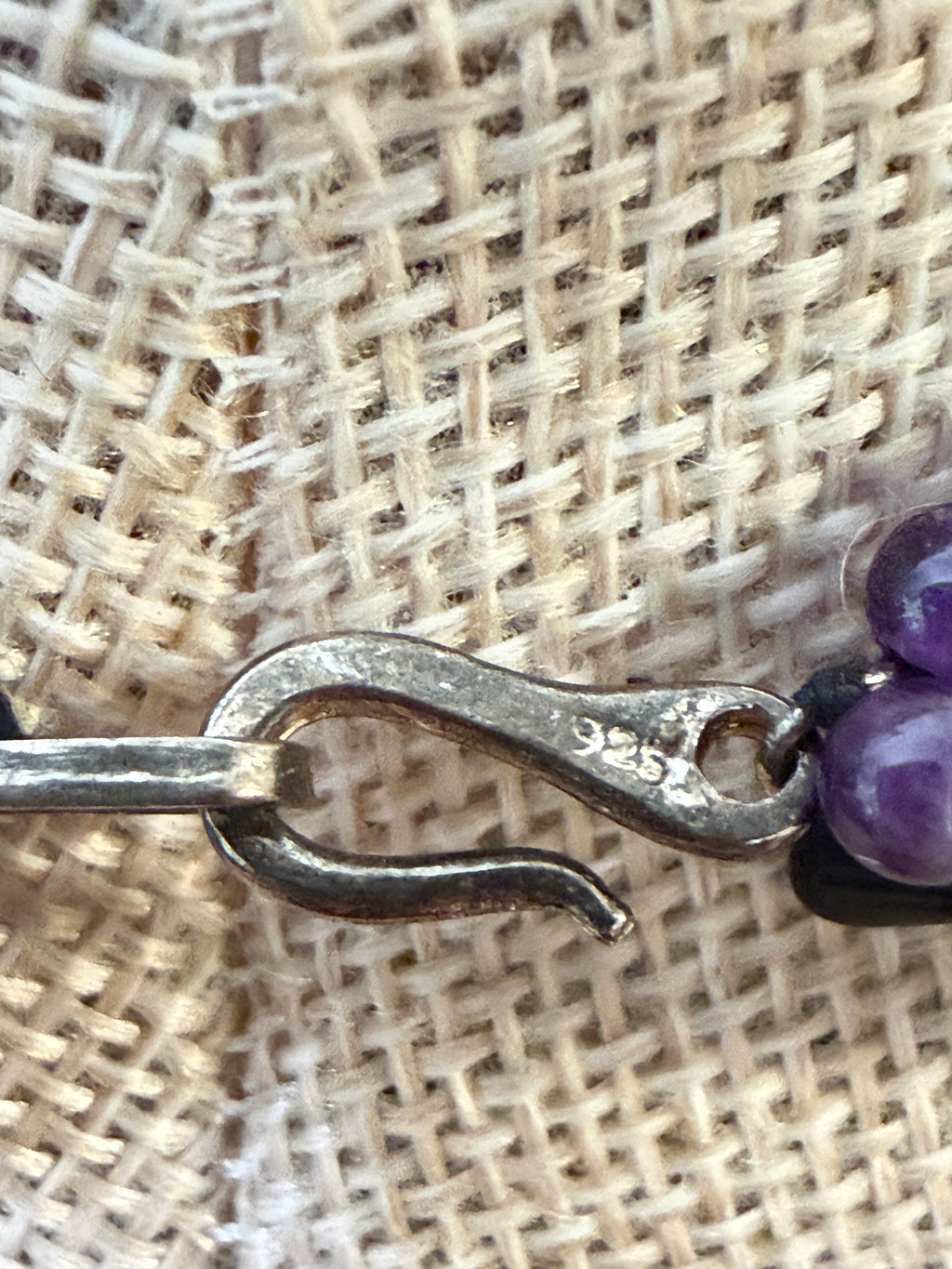 Beaded Artisan Necklace Featuring Okame Moh Mask Pendant Amethyst Onyx Sterling Netsuke
