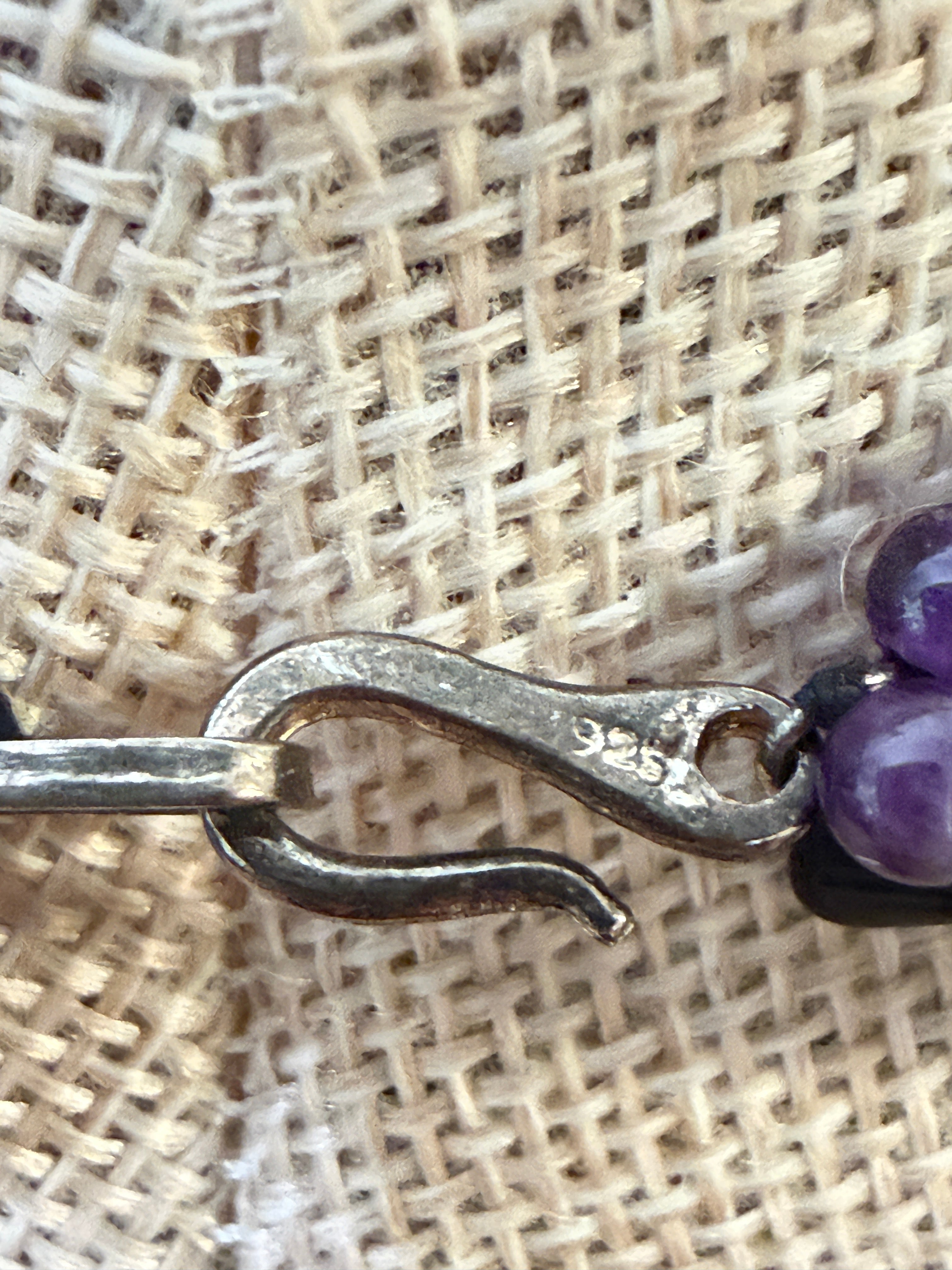 Beaded Artisan Necklace Featuring Okame Moh Mask Pendant Amethyst Onyx Sterling Netsuke