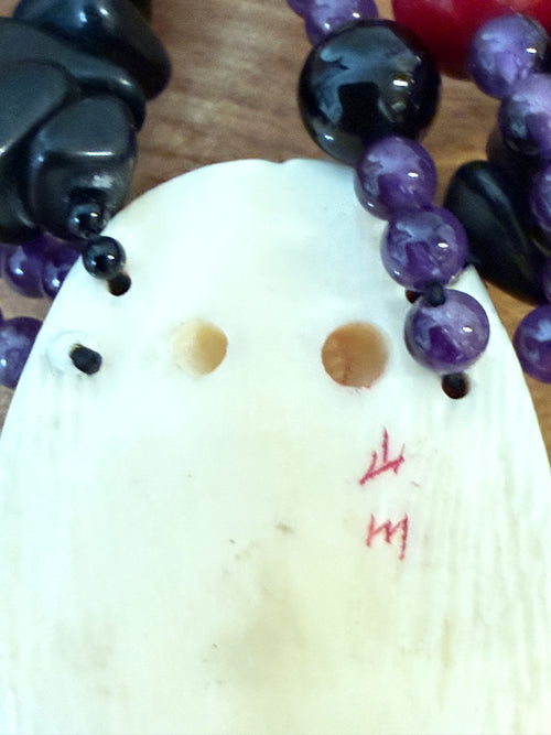 Beaded Artisan Necklace Featuring Okame Moh Mask Pendant Amethyst Onyx Sterling Netsuke