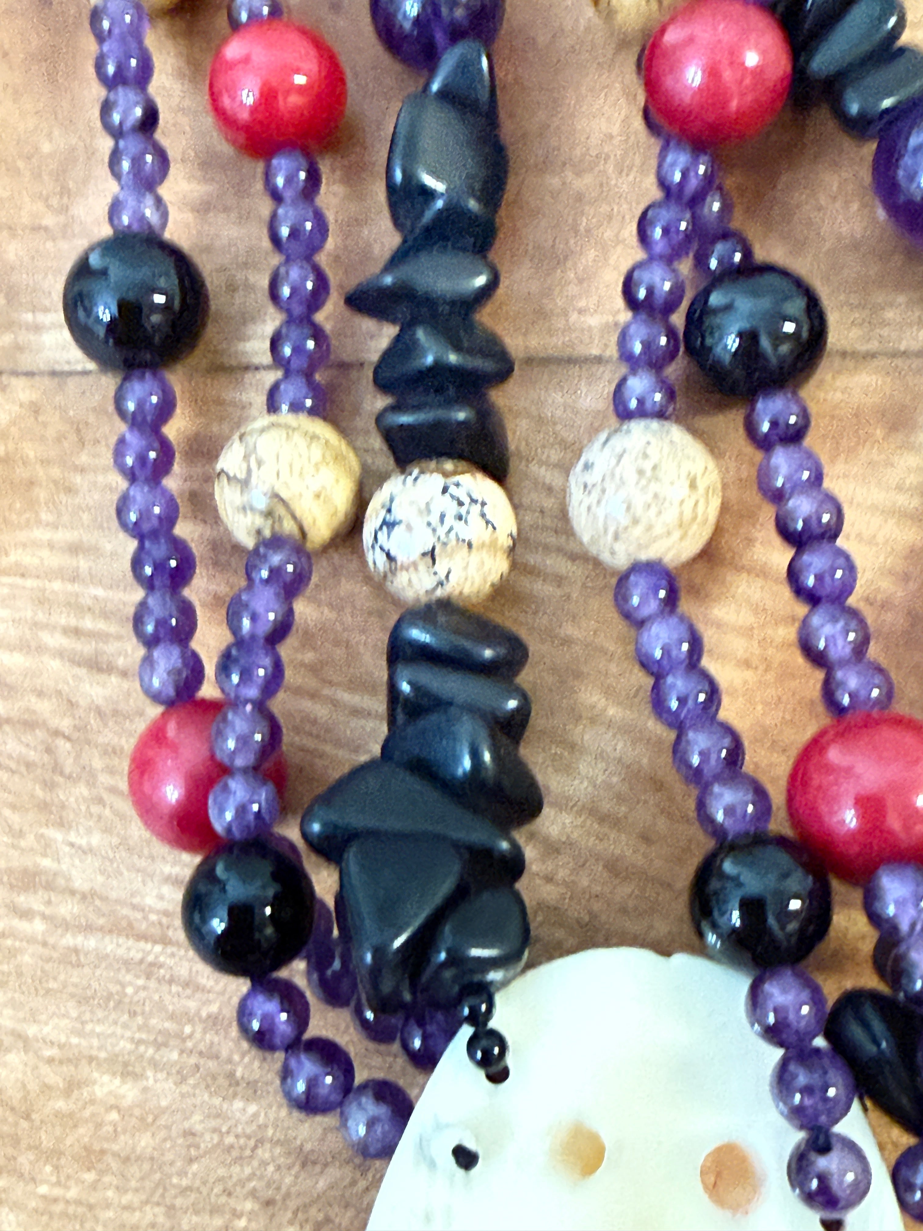 Beaded Artisan Necklace Featuring Okame Moh Mask Pendant Amethyst Onyx Sterling Netsuke