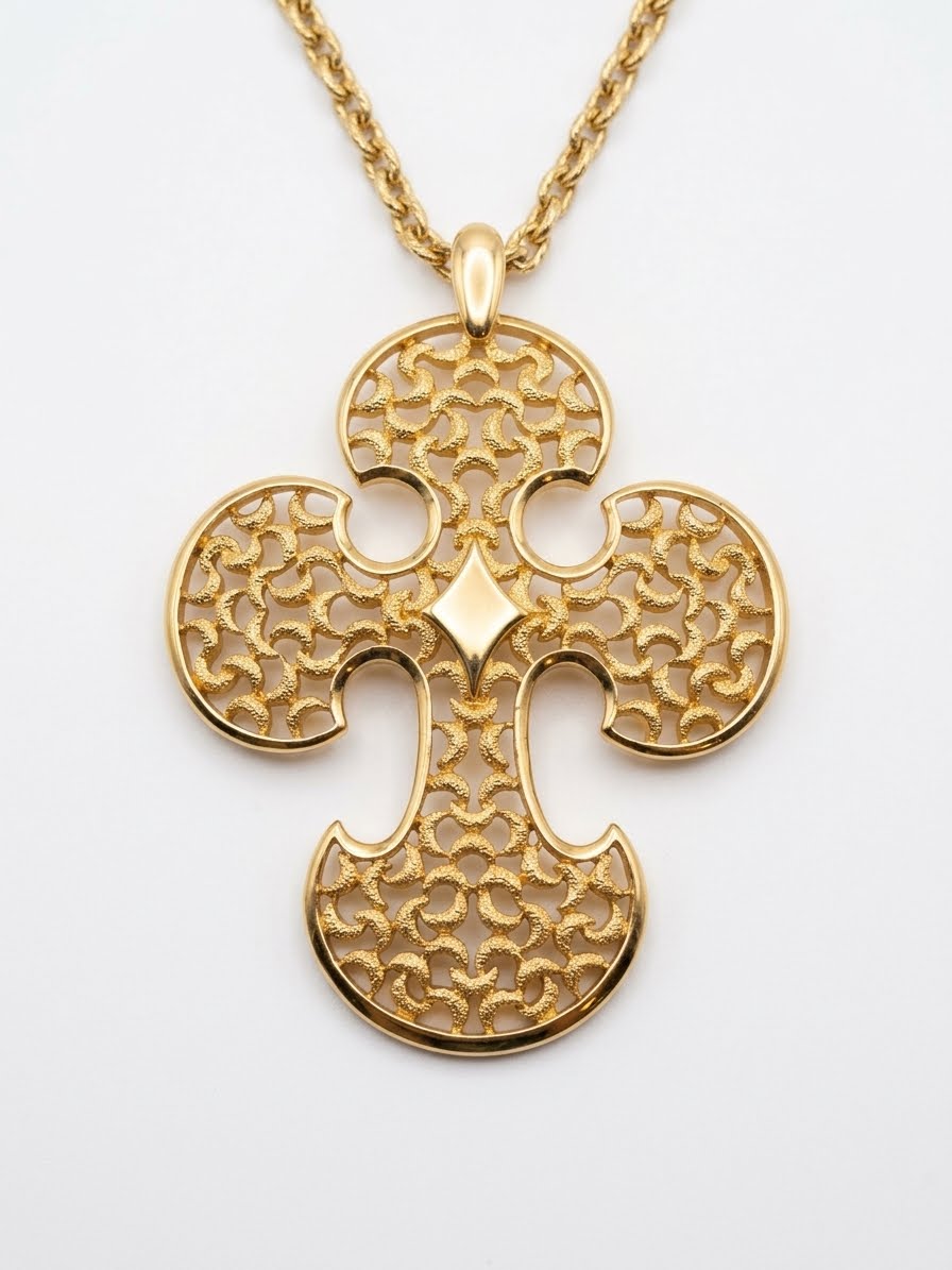Vintage Trifari Gold-Tone Filigree Cross Pendant Necklace