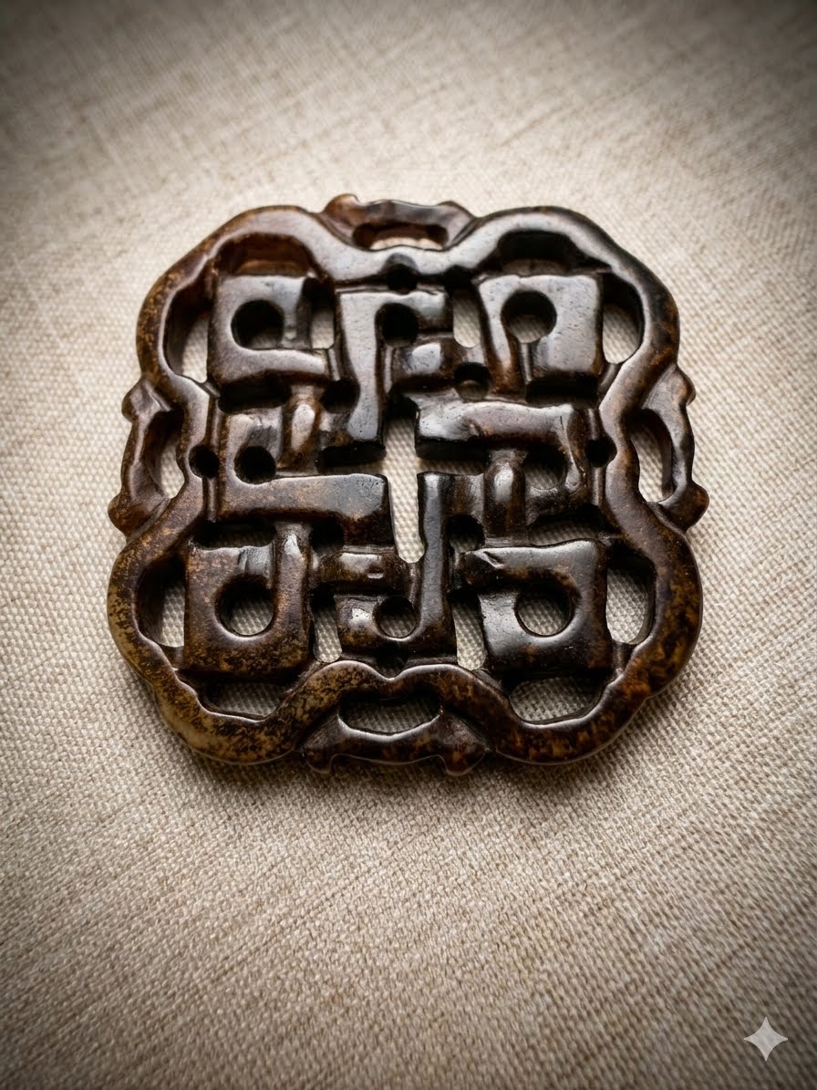 Vintage Carved Brown Jade Openwork Endless Knot Amulet Pendant Cross Motif