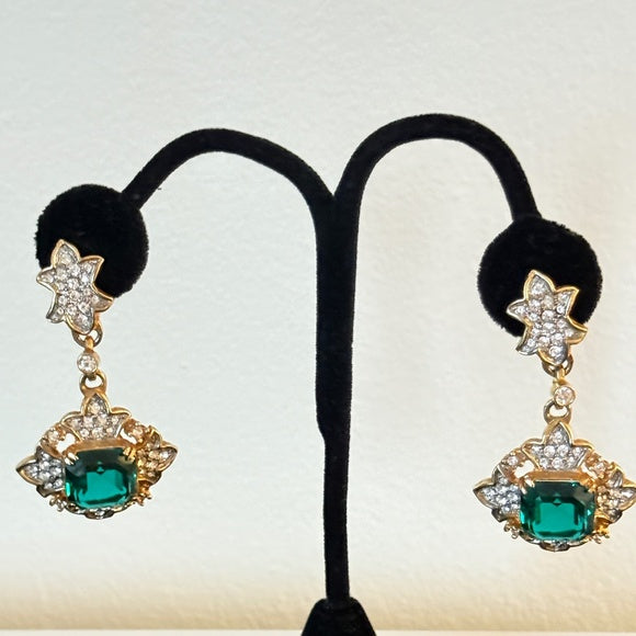 Kenneth Jay Lane Gold and Emerald Green Drop Earrings St Patrick's Day Bling
