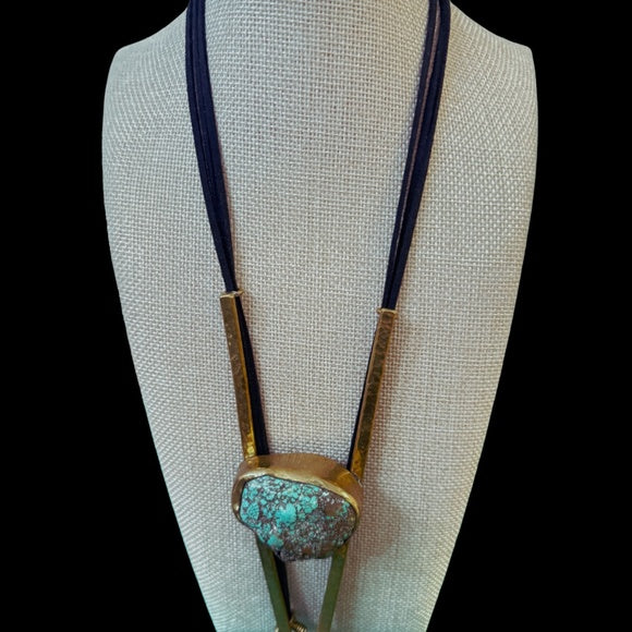 Turquoise Brass Artisan Bolo Tie Necklace Southwestern