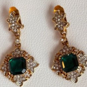 Kenneth Jay Lane Gold and Emerald Green Drop Earrings St Patrick's Day Bling