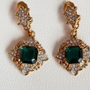 Kenneth Jay Lane Gold and Emerald Green Drop Earrings St Patrick's Day Bling