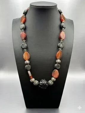Antique Tibetan Style Carnelian & Carved Onyx Beads Ethnic & Regional Necklace