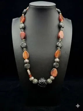 Antique Tibetan Style Carnelian & Carved Onyx Beads Ethnic & Regional Necklace