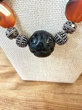 Antique Tibetan Style Carnelian & Carved Onyx Beads Ethnic & Regional Necklace