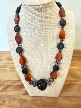 Antique Tibetan Style Carnelian & Carved Onyx Beads Ethnic & Regional Necklace