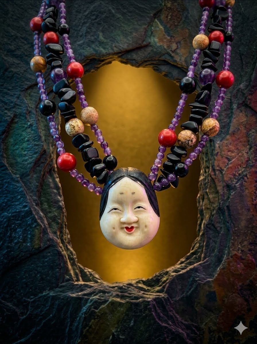 Beaded Artisan Necklace Featuring Okame Moh Mask Pendant Amethyst Onyx Sterling Netsuke
